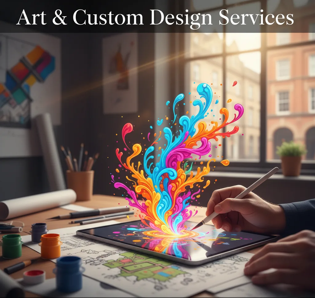 Designer's hands sketching on a digital tablet with vibrant, emerging abstract art and design elements in a modern studio.