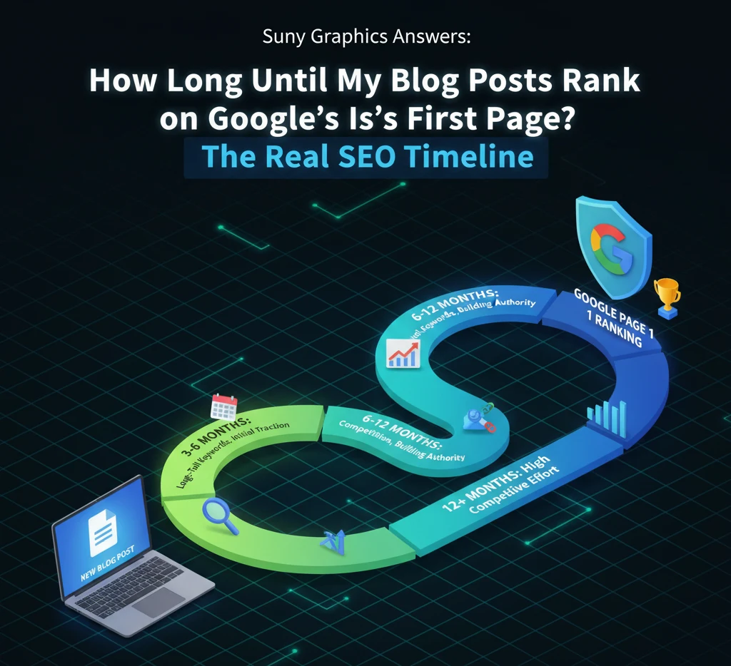 Infographic illustrating the SEO timeline for blog posts to rank on Google's first page, showing stages from content creation to 12+ months for high competition.
