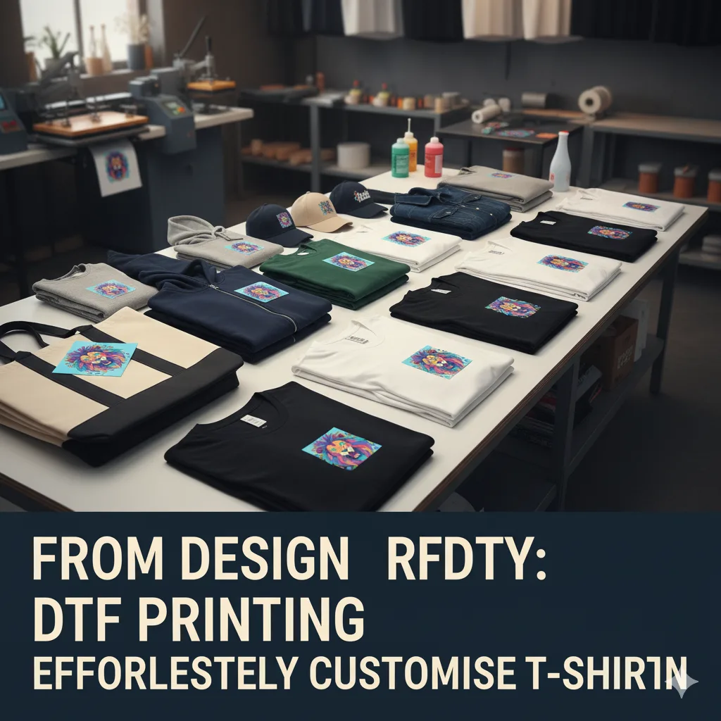 A collection of diverse blank garments, including t-shirts (black and white), hoodies, tote bags, and baseball caps, laid out on a table in a printing workshop, each with a colorful lion design transfer ready to be pressed.