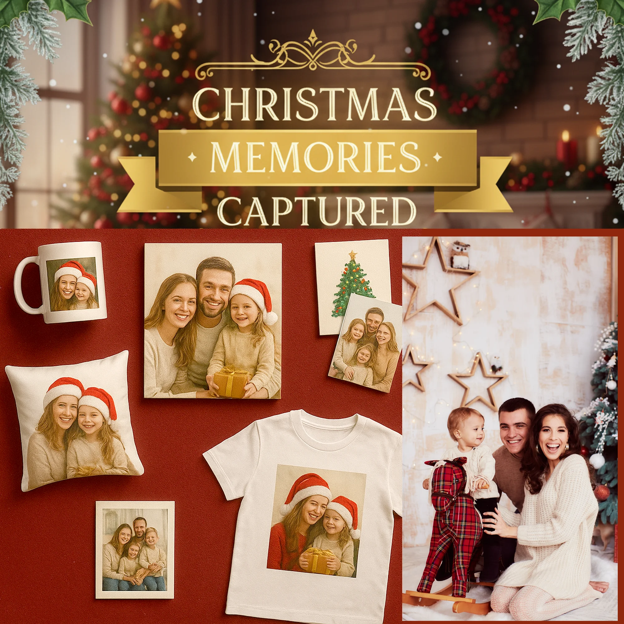 Christmas-themed family photography and personalised photo gifts including printed mugs, cushions, t-shirts, greeting cards, and canvas wall art created by Sunygraphics UK