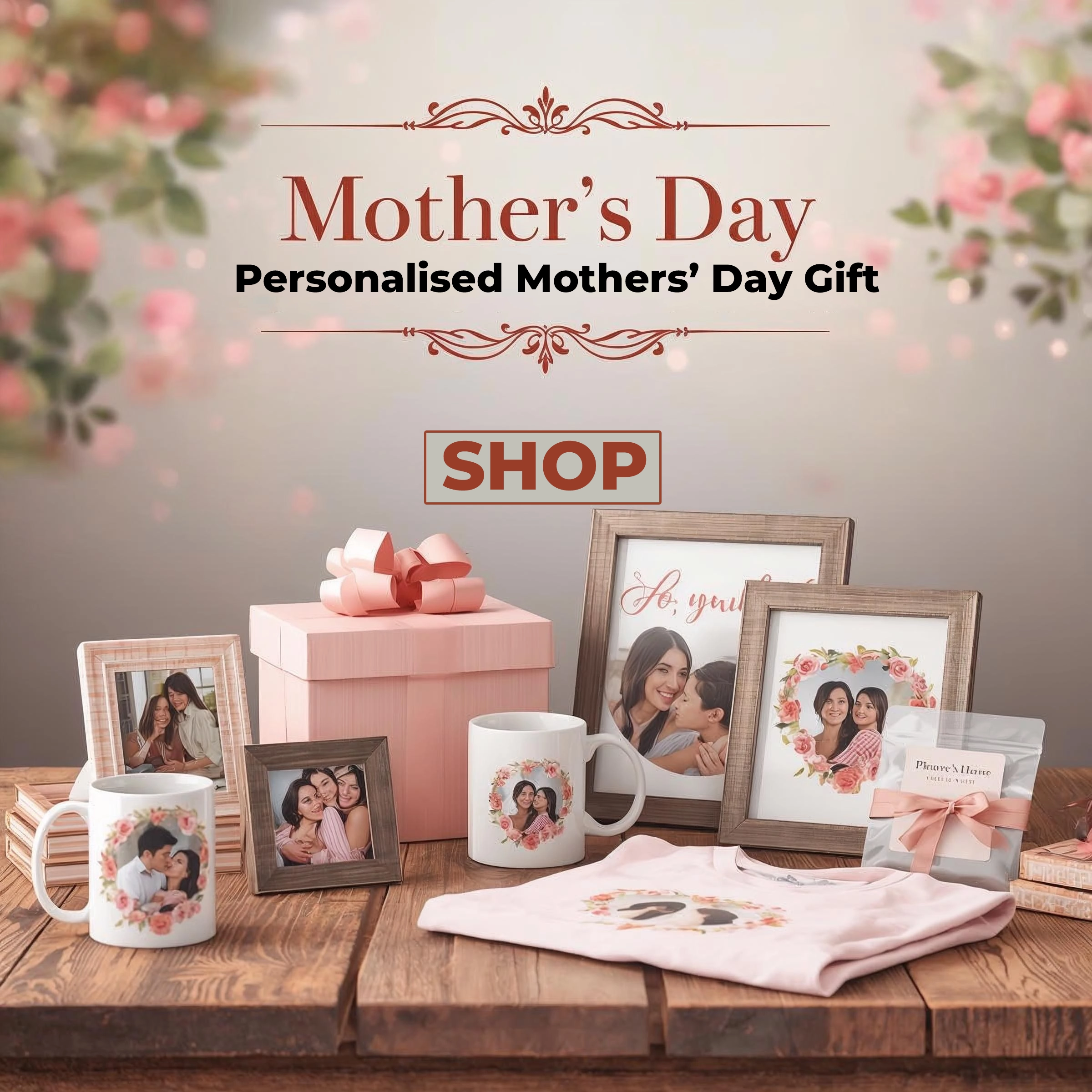 A promotional banner for "Sunygraphics" featuring a collection of personalized Mother's Day gifts including a custom mug, a framed family photo, a teddy bear, a printed T-shirt, and a decorative pillow, all set against a soft pink floral background.