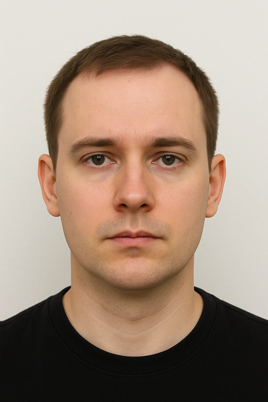 UK biometric passport photo example showing a young man with neutral expression, plain white background, and even lighting. Compliant with official UK passport photo requirements for 2025, including correct head positioning, no shadows, and visible facial features. Ideal reference for online passport applications and photo booth standards.