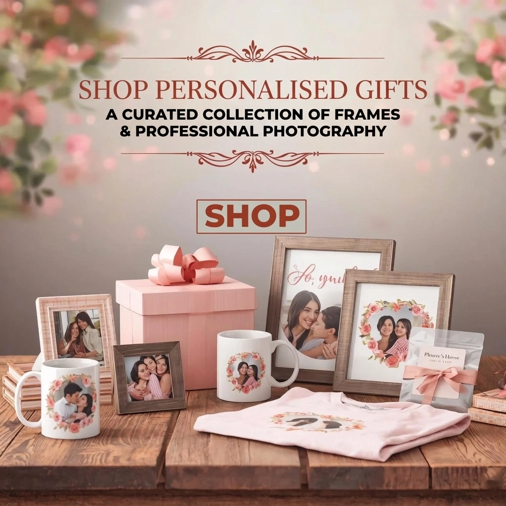 A promotional image with the headline "SHOP PERSONALISED GIFTS" in large elegant text, followed by the subtext "A CURATED COLLECTION OF FRAMES & PROFESSIONAL PHOTOGRAPHY". Below this, a "SHOP" button is centered. The image features various personalized products arranged on a rustic wooden table: a large pink gift box with a bow, several framed photos, two custom mugs, a printed t-shirt, and small personalized gift bags. The background is softly blurred with a beautiful arrangement of pink flowers.