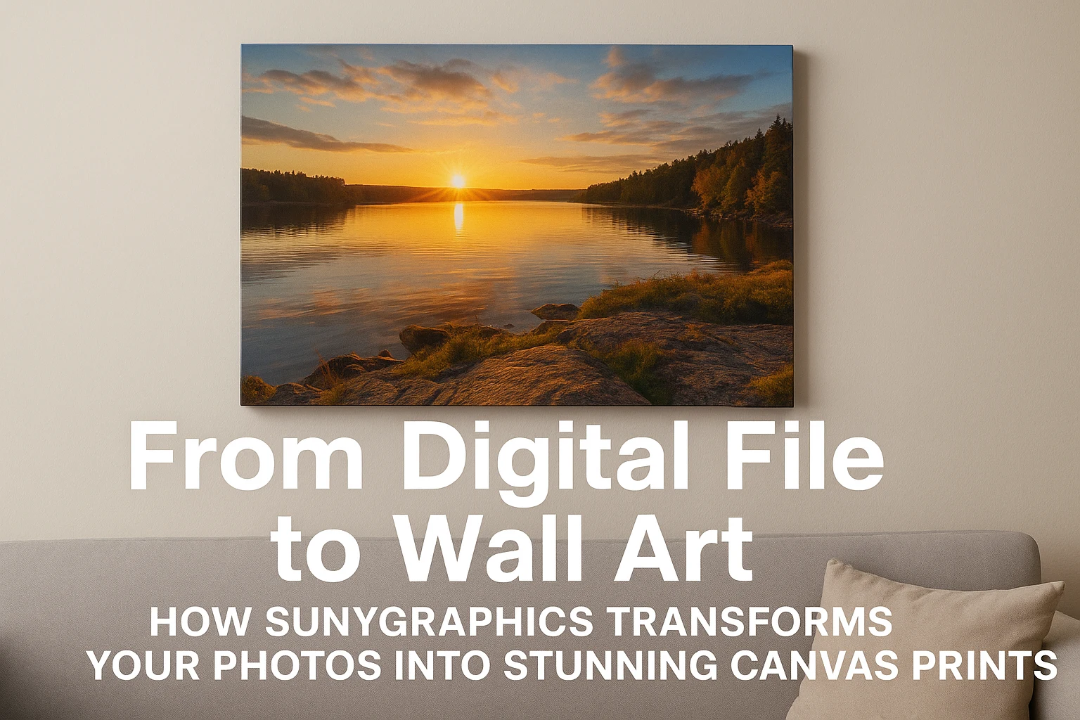 Canvas print of a vivid lake sunset hanging above a sofa, illustrating how Sunygraphics turns digital photos into professional wall art.