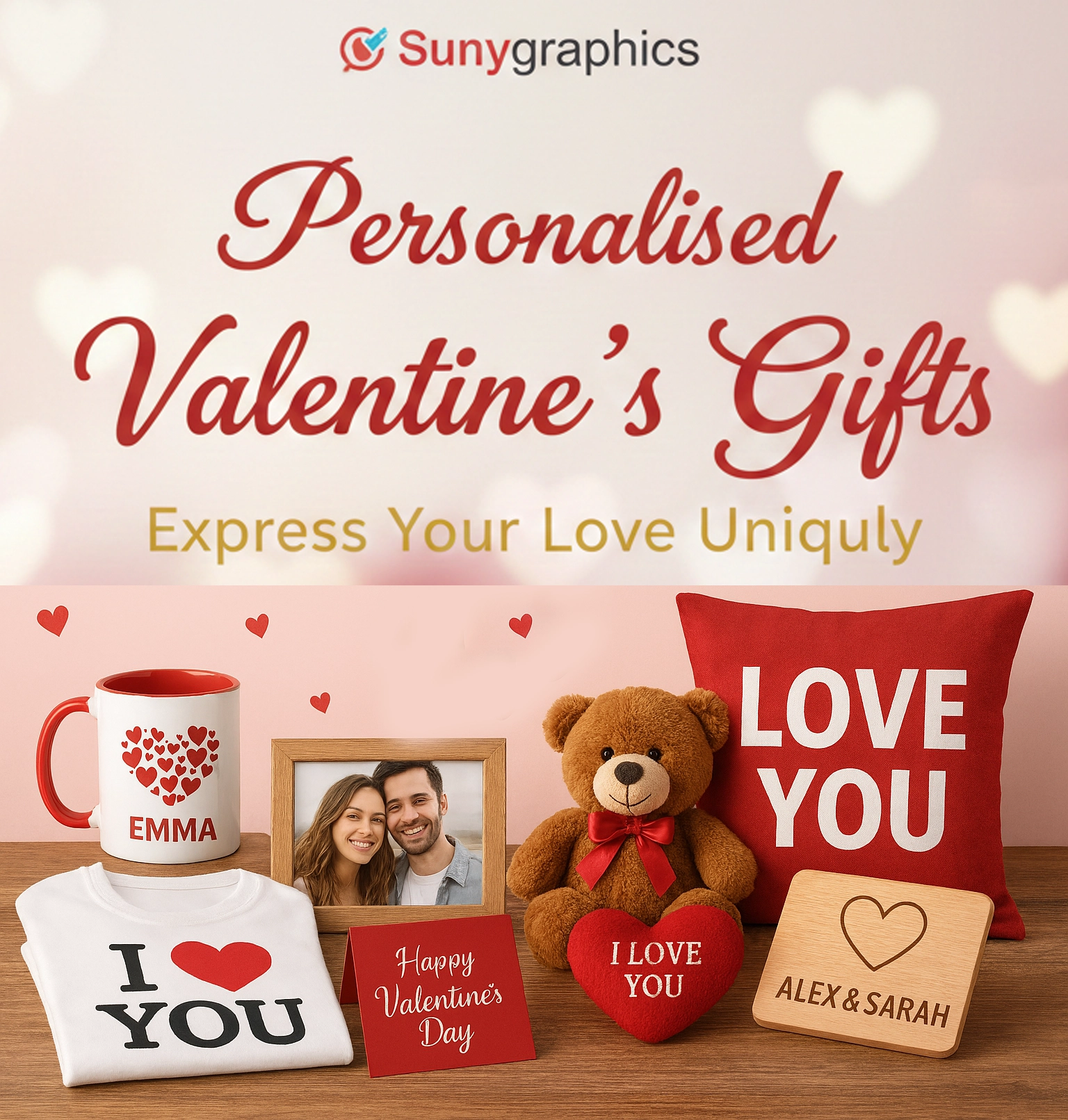 A professional display of personalised Valentine's Day gifts from Sunygraphics on a wooden table, featuring a custom photo mug, heart-shaped acrylic plaque, photo coasters, a teddy bear, and a custom phone case, all set against a romantic pink bokeh heart background