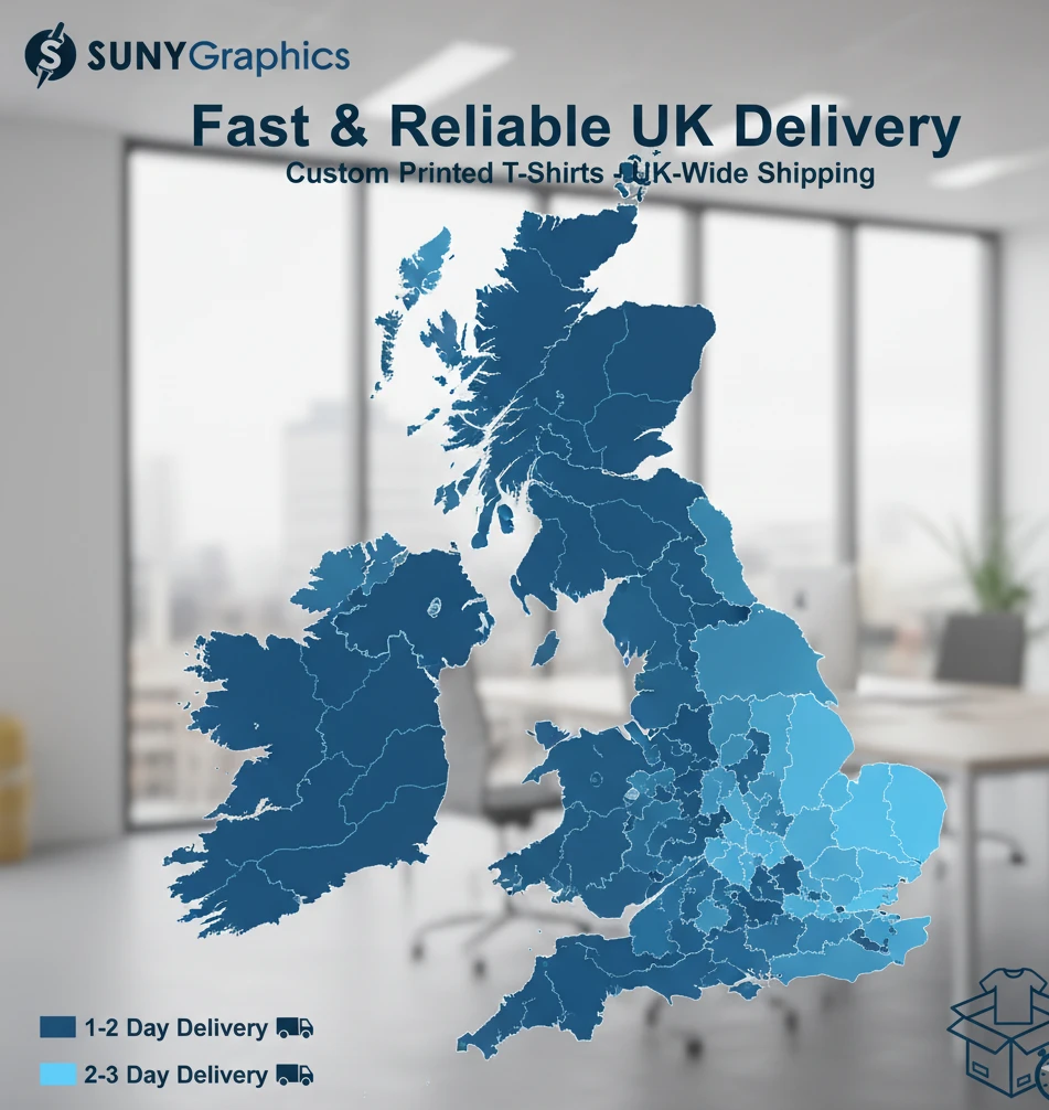 A map of the United Kingdom highlighted in different colors to show fast shipping zones for custom printed t-shirts, emphasizing quick delivery to major cities and regions across the UK.