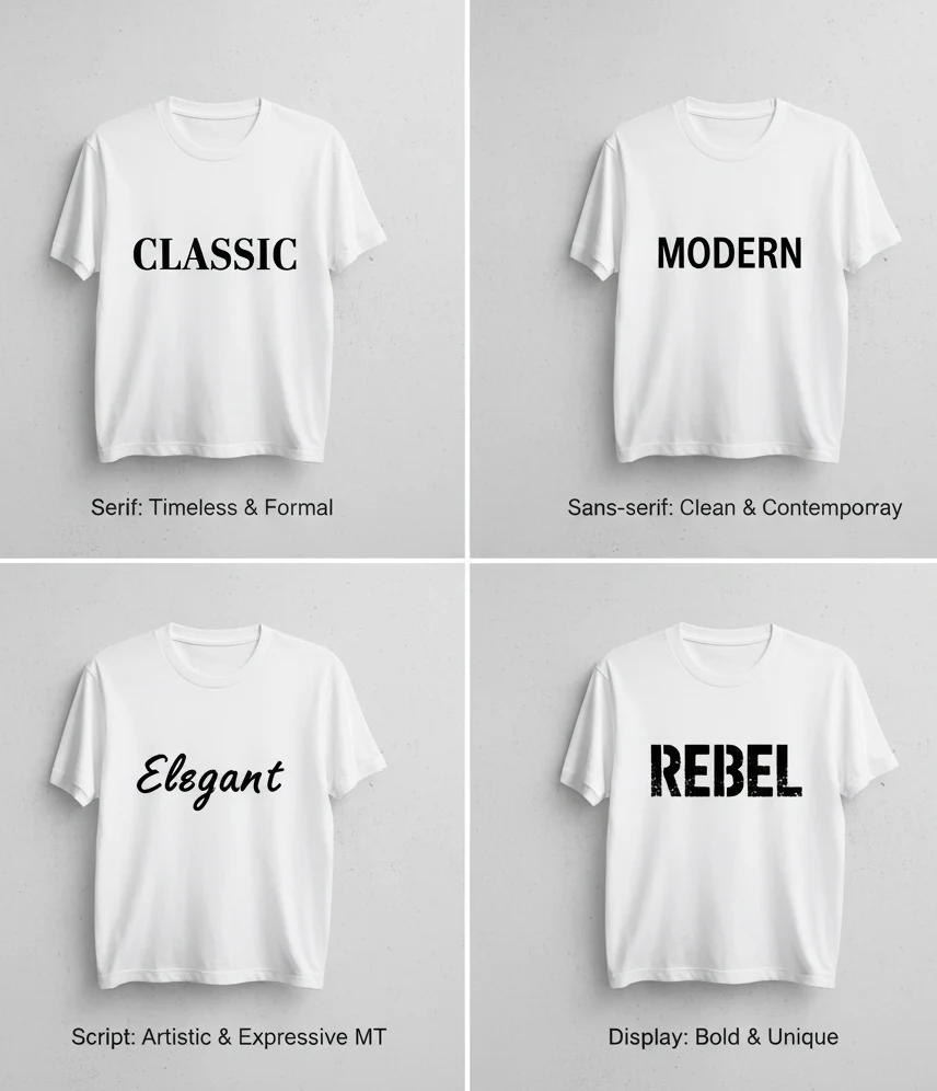 A four-panel graphic showcasing different font styles on white t-shirt mockups: 'CLASSIC' in a serif font, 'MODERN' in a sans-serif font, 'Elegant' in a script font, and 'REBEL' in a distressed display font, each with a description of its style and characteristics.