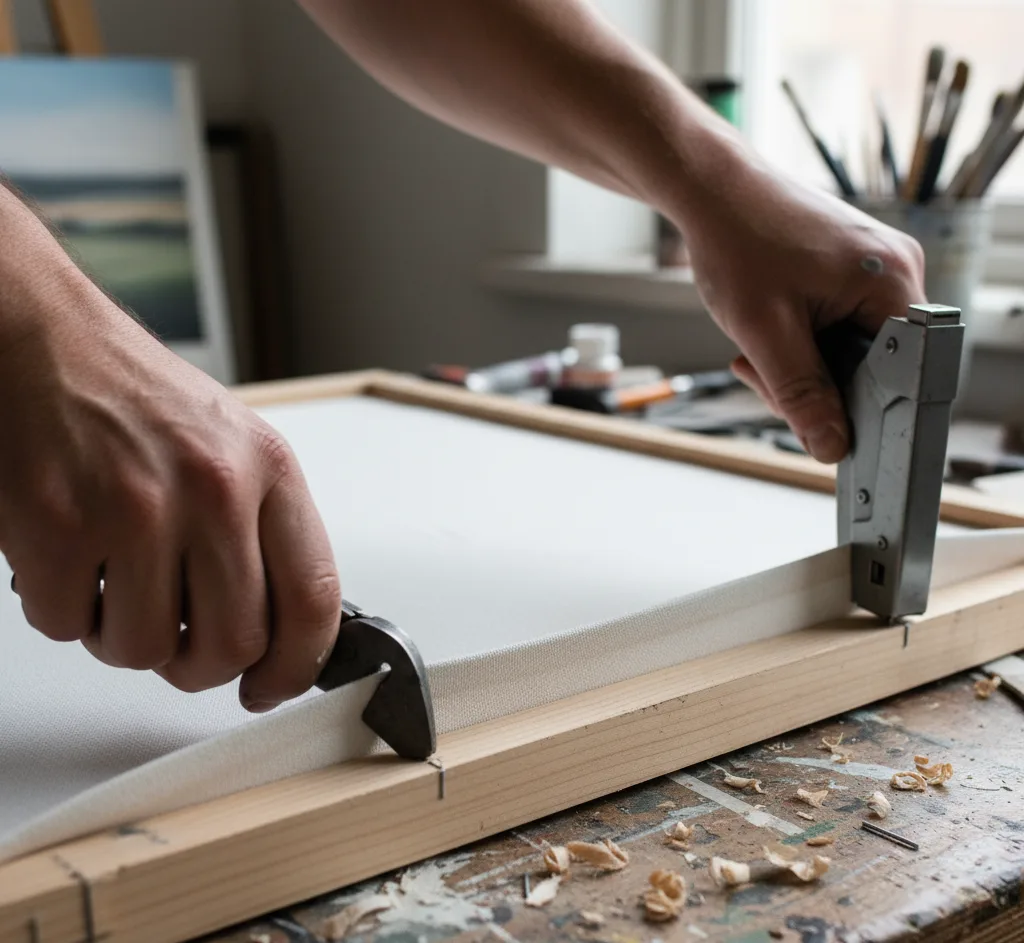 Hands using canvas pliers and a staple gun to stretch white canvas taut over a light wooden stretcher bar frame, with sawdust and art supplies visible in the background.