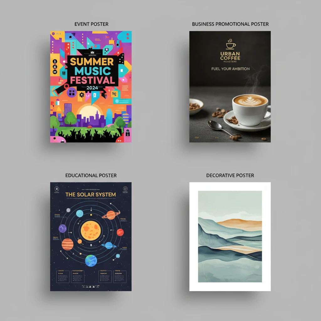 Dynamic collage showcasing four different professional poster types: a concert event poster, a corporate product promotion, a science educational infographic, and a modern abstract decorative art poster.