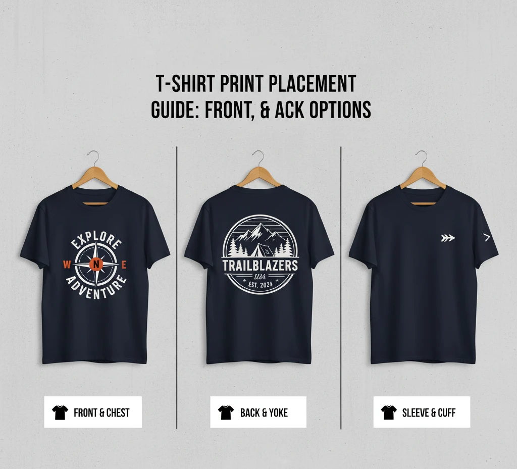 A three-panel graphic showcasing different print placements on navy blue t-shirt mockups. The first panel shows a compass graphic on the front chest, the second shows a mountain logo on the upper back/yoke, and the third shows an arrow graphic on the right sleeve. Each panel is labeled with the respective placement.