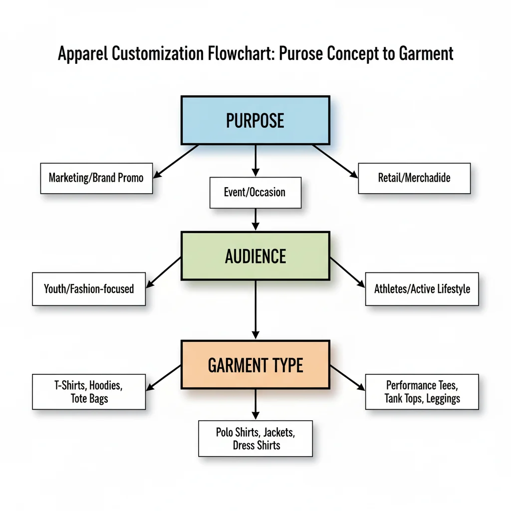 A flowchart illustrating the process of selecting garment type based on purpose and audience for apparel customization. It starts with "PURPOSE" (Marketing/Brand Promo, Event/Occasion, Retail/Merchandise), branches to "AUDIENCE" (Youth/Fashion-focused, Athletes/Active Lifestyle), and concludes with "GARMENT TYPE" (T-Shirts, Hoodies, Tote Bags; Performance Tees, Tank Tops, Leggings; Polo Shirts, Jackets, Dress Shirts).