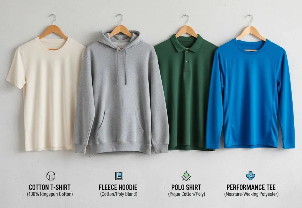 A side-by-side comparison of four different types of blank garments hanging on a light concrete wall: a cream cotton t-shirt, a grey fleece hoodie, a dark green polo shirt, and a vibrant blue long-sleeve performance shirt, each with labels indicating their type and common fabric composition.