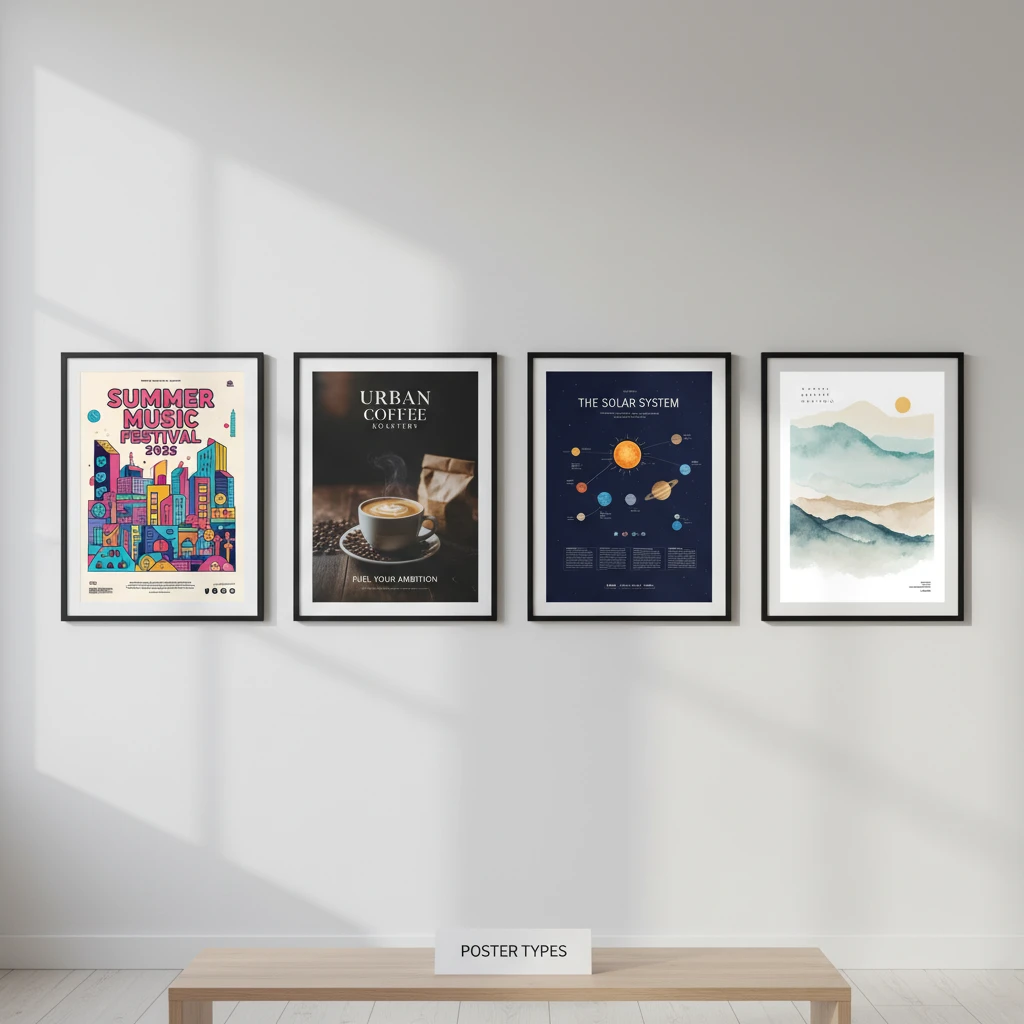 Four diverse posters displayed side-by-side: a colorful music festival event poster, a minimalist coffee brand promotional poster, a detailed solar system educational poster, and a serene abstract landscape decorative poster.