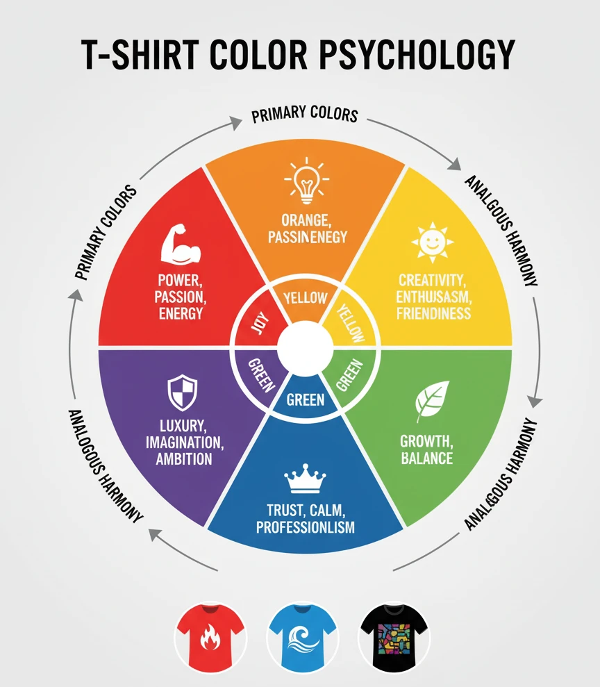 A vibrant color wheel infographic illustrating T-Shirt Color Psychology. It shows red (Power, Passion, Energy), orange (Joy, Enthusiasm), yellow (Creativity, Friendliness), green (Growth, Balance), blue (Trust, Calm, Professionalism), and purple (Luxury, Imagination, Ambition), with examples of primary and analogous color harmonies. Three t-shirt icons below demonstrate different color applications.