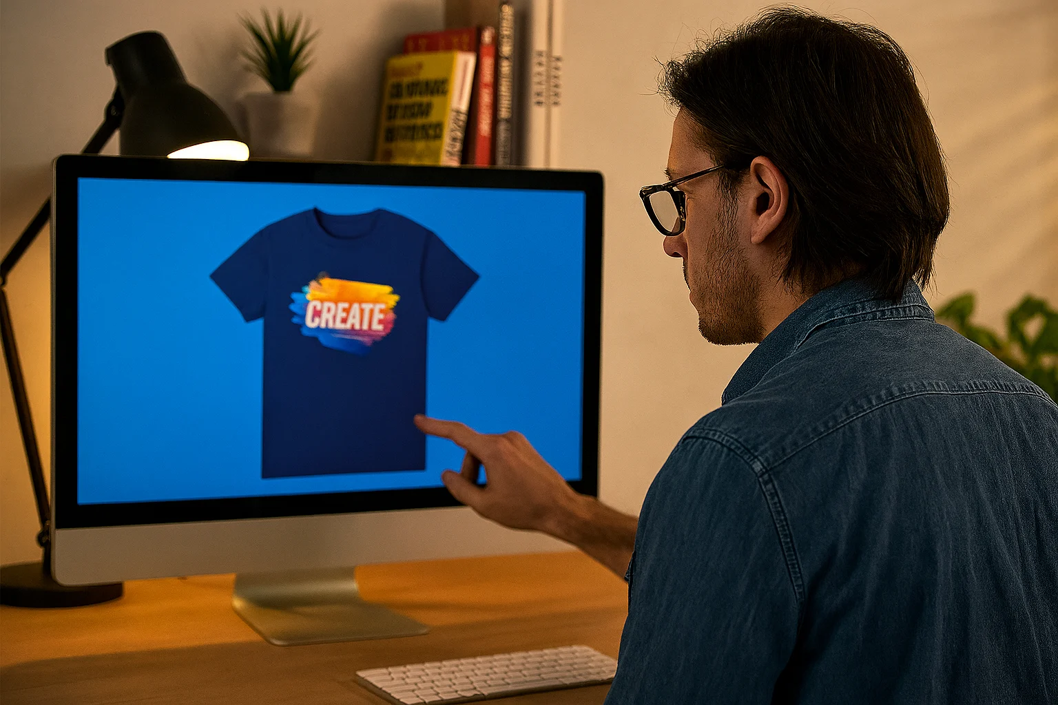 Designer in denim shirt reviewing a colorful t-shirt mockup on a computer screen in a warm, creative workspace.