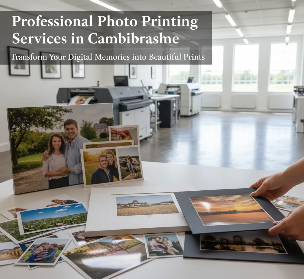 Well-lit professional photo printing studio in Cambridgeshire with large format printers and high-quality finished prints on display.