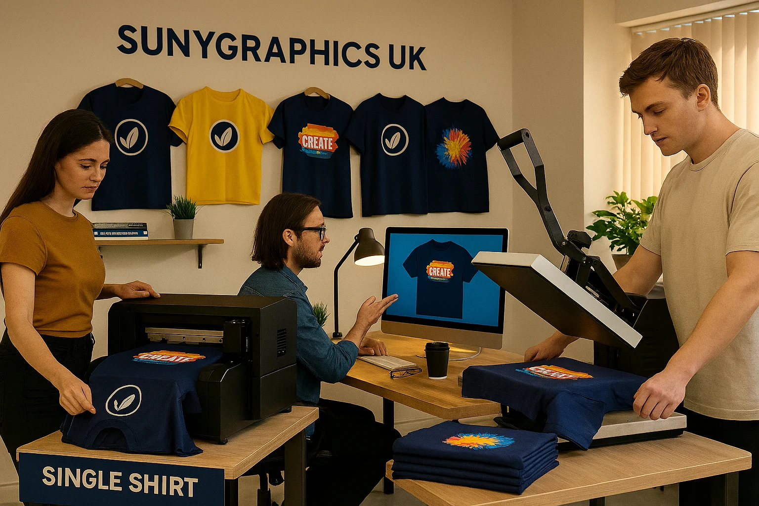 SUNYGraphics UK-based studio team preparing custom t-shirt orders for delivery