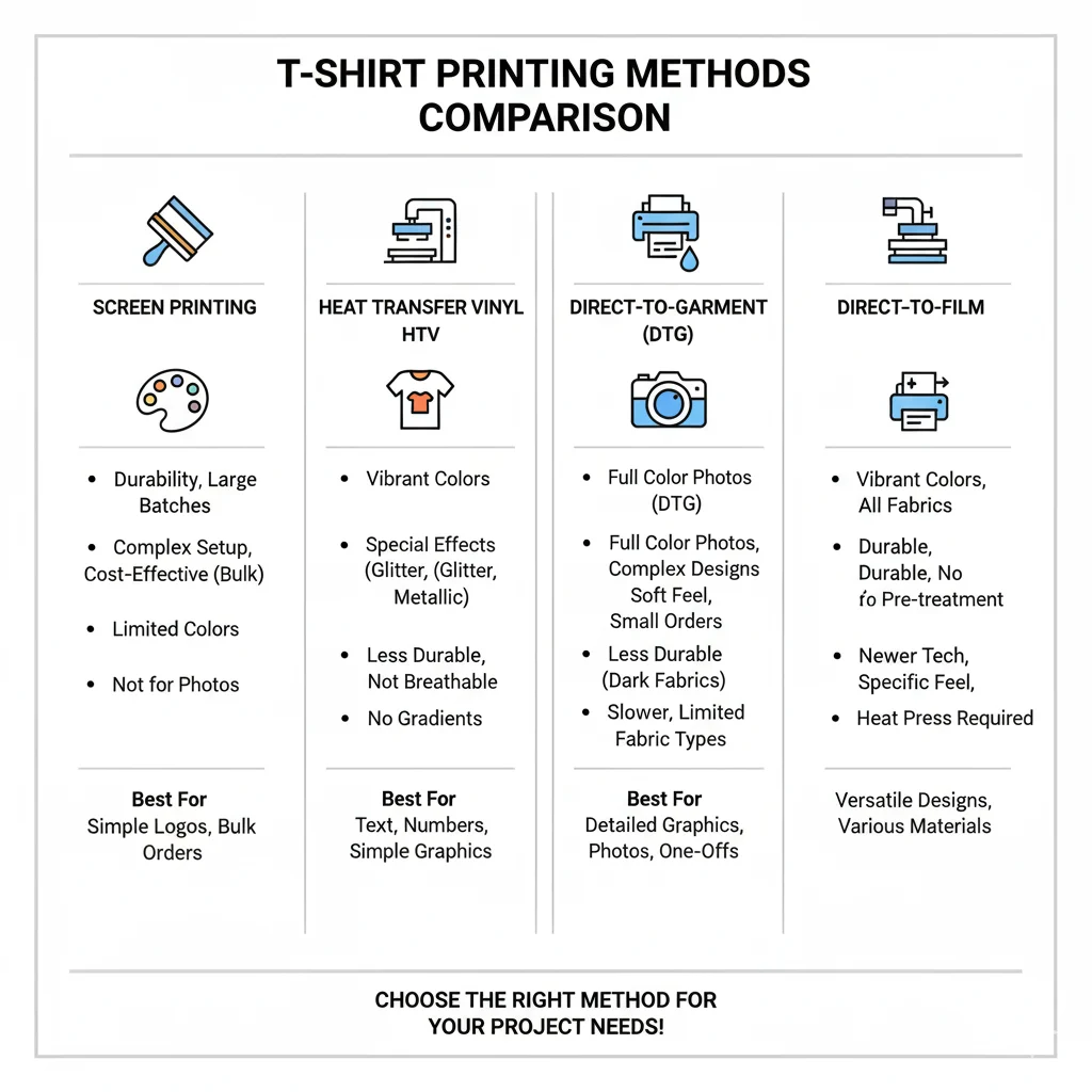 A flowchart illustrating the process of selecting garment type based on purpose and audience for apparel customization. It starts with "PURPOSE" (Marketing/Brand Promo, Event/Occasion, Retail/Merchandise), branches to "AUDIENCE" (Youth/Fashion-focused, Athletes/Active Lifestyle), and concludes with "GARMENT TYPE" (T-Shirts, Hoodies, Tote Bags; Performance Tees, Tank Tops, Leggings; Polo Shirts, Jackets, Dress Shirts).