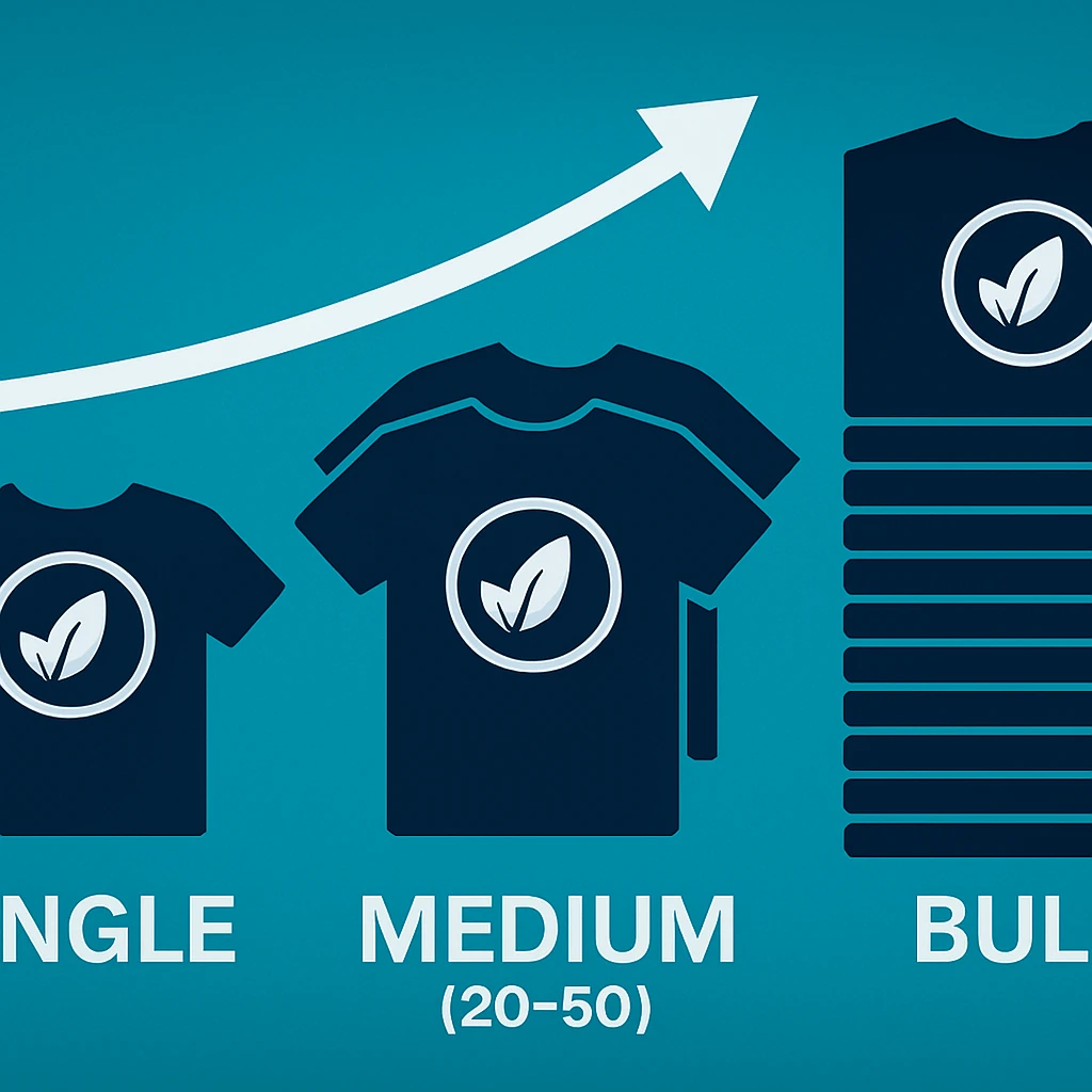 Infographic showing increasing t-shirt order sizes: single shirt, medium batch of three shirts, and bulk stack of shirts with white leaf logo on turquoise background.