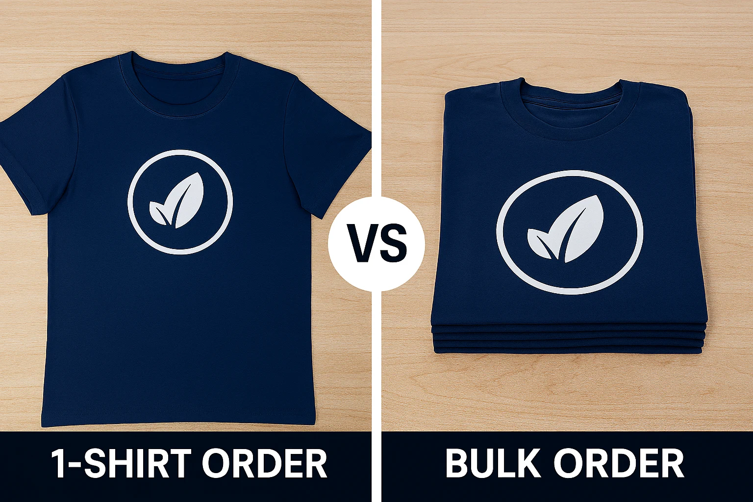 Collage showing one custom navy blue t-shirt next to a stacked bulk order of identical shirts with white leaf design, separated by a “VS” symbol.