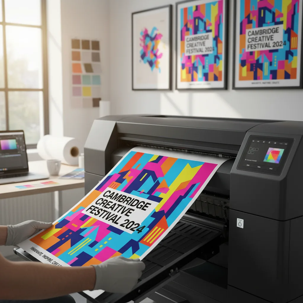 Designer holding a newly printed, high-resolution, vibrant event poster in a studio, demonstrating the quality of professional printing services in Cambridgeshire.