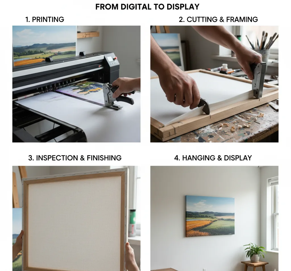 A four-panel collage depicting the creation of a canvas print. Panel 1 shows a large-format printer printing an image. Panel 2 shows hands stretching canvas over a wooden frame with a staple gun. Panel 3 shows the back of a fully stretched and stapled canvas, ready for display. Panel 4 shows the finished canvas hanging on a white wall above a wooden chest, with a potted plant nearby.