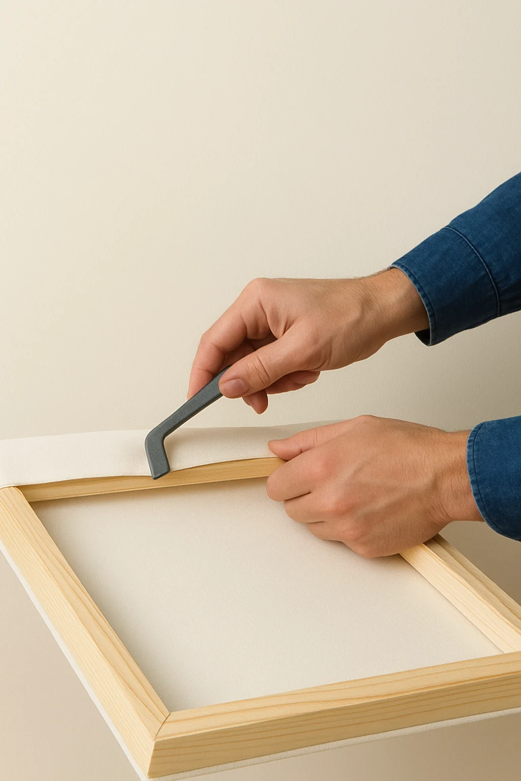 Hands stretching a white canvas over a wooden frame using a professional stretching tool, demonstrating SUNYGraphics’ precision and quality craftsmanship.
