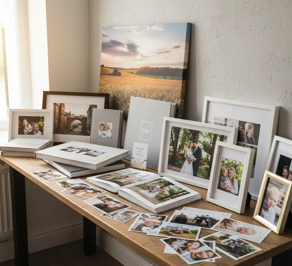 Attractive display of various photo print products, including a high-quality photo book, framed print, standard luster prints, and a large canvas wrap.