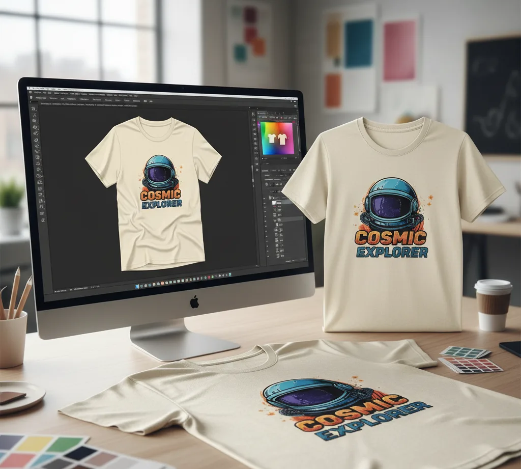 A side-by-side comparison on a design desk, featuring a computer monitor displaying a digital mockup of a cream t-shirt with a 'Cosmic Explorer' astronaut helmet graphic, next to a physically printed, real-life sample of the identical t-shirt and design. Another folded t-shirt sample is on the desk.