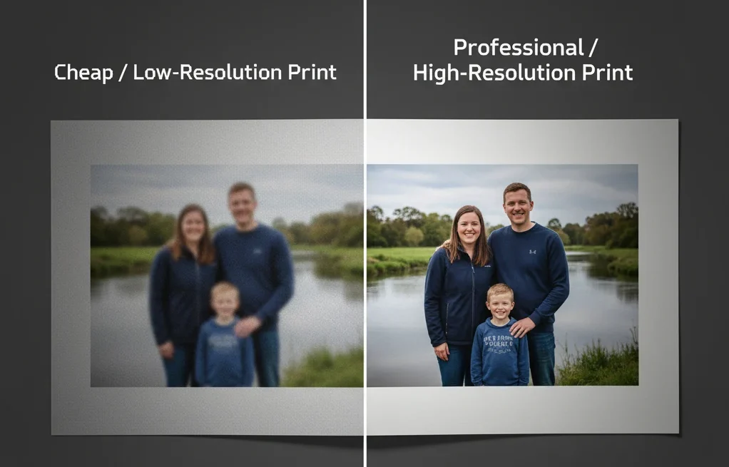 Professional photo print quality comparison showing the difference quality printing makes