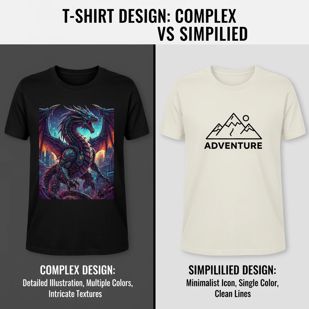 A split image comparing two t-shirt designs. On the left, a black t-shirt features a highly detailed, multi-colored illustration of a futuristic dragon. On the right, a cream t-shirt displays a minimalist, single-color line art graphic of mountains with the word "ADVENTURE" below it. Each side is labeled as "Complex Design" and "Simplified Design" respectively, with descriptive bullet points.