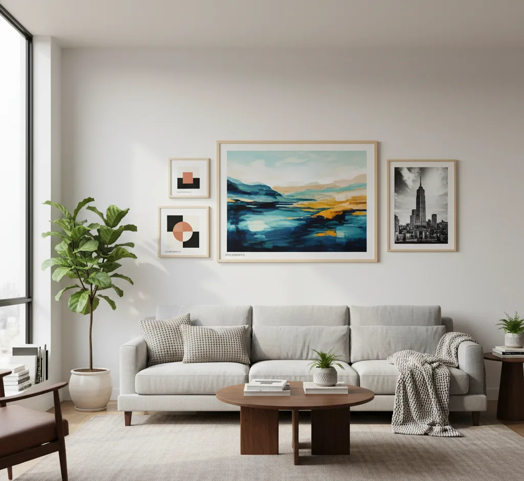 A tastefully decorated modern living room with a light gray sofa, a round wooden coffee table, and a large window. On the white wall above the sofa, a curated gallery of four SUNYGRAPHICS stretched canvases is displayed: a prominent horizontal abstract landscape in blues and yellows, two smaller square canvases with minimalist geometric designs in black and orange, and a vertical black and white cityscape print of a skyscraper. A large fiddle-leaf fig plant stands by the window.