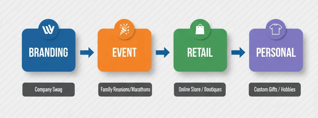 A clean, clear flowchart graphic illustrating the different purposes of custom t-shirts, flowing from 'Branding' (with a logo icon) to 'Event' (with a party popper icon) to 'Retail' (with a shopping bag icon) to 'Personal' (with a t-shirt icon), with examples provided under each category.