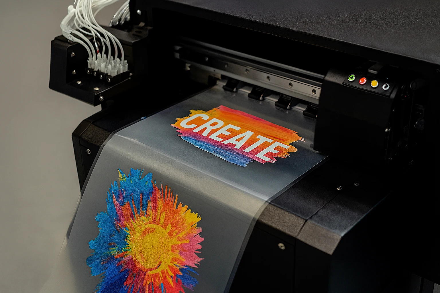 Close-up of DTF printer printing colorful t-shirt designs on glossy transfer film, showing vibrant graphics and printer components.
