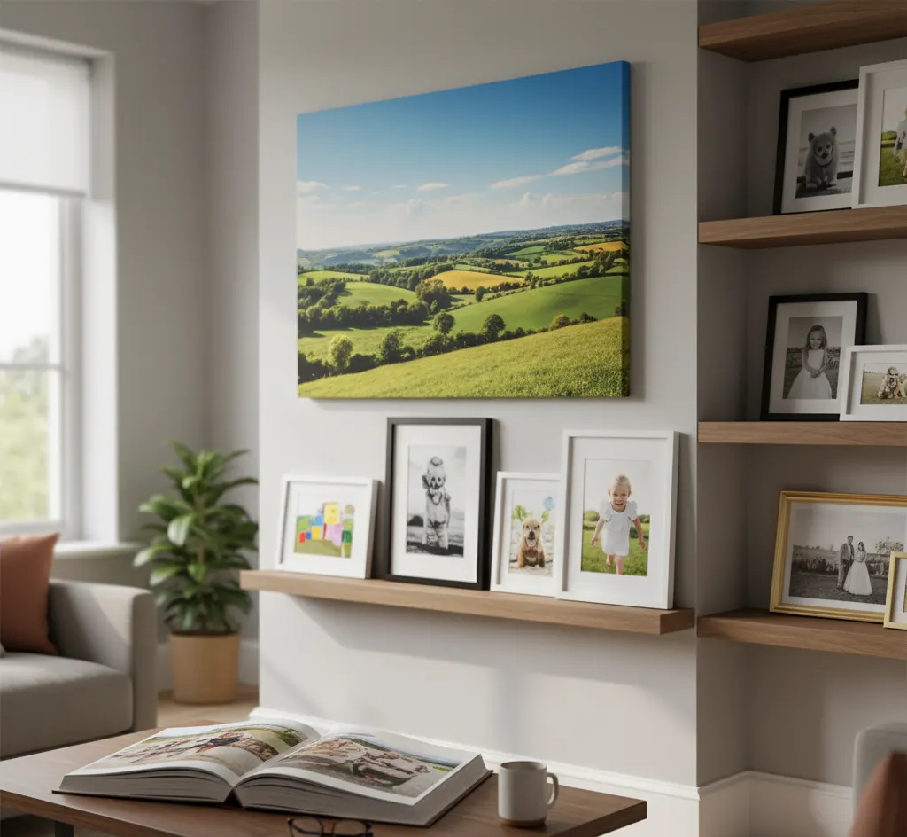 Photo printing products displayed in home - canvas prints, photo books, and framed photographs from Suny Graphics