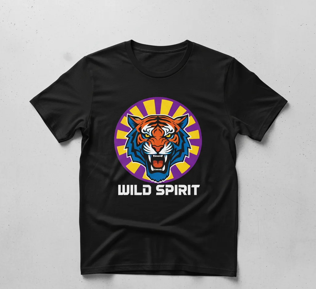 A black crew-neck t-shirt mockup featuring a vibrant and bold central graphic of a roaring tiger's head in shades of orange, blue, and white, set against a purple and yellow sunburst circle. The text "WILD SPIRIT" is printed in white below the graphic.