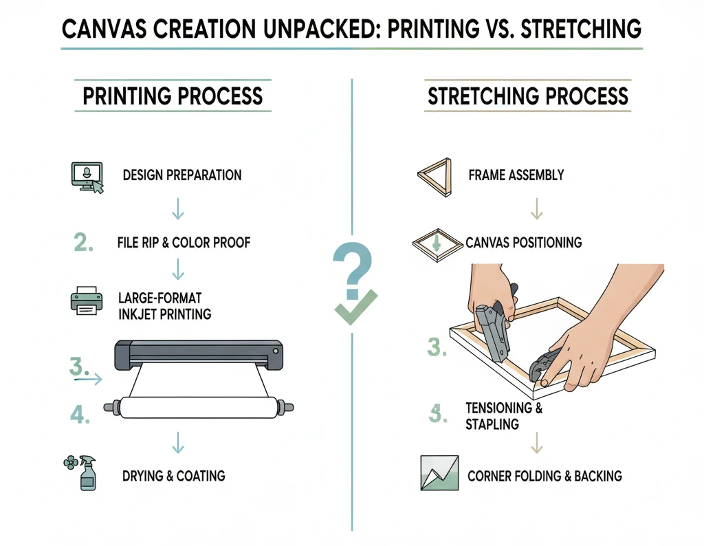 An infographic titled "CANVAS CREATION UNPACKED: PRINTING VS. STRETCHING." It features two columns. The "PRINTING PROCESS" column includes icons and text for Design Preparation, File RIP & Color Proof, Large-Format Inkjet Printing, and Drying & Coating. The "STRETCHING PROCESS" column includes icons and text for Frame Assembly, Canvas Positioning (with an image of hands stretching canvas), Tensioning & Stapling, and Corner Folding & Backing. A large question mark and checkmark symbol sit between the two columns.