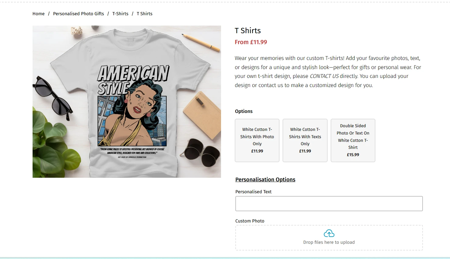 Screenshot of an online store selling custom white t-shirts, featuring a mockup with "American Style" pop art print, personalization options for photo and text upload, and product pricing.